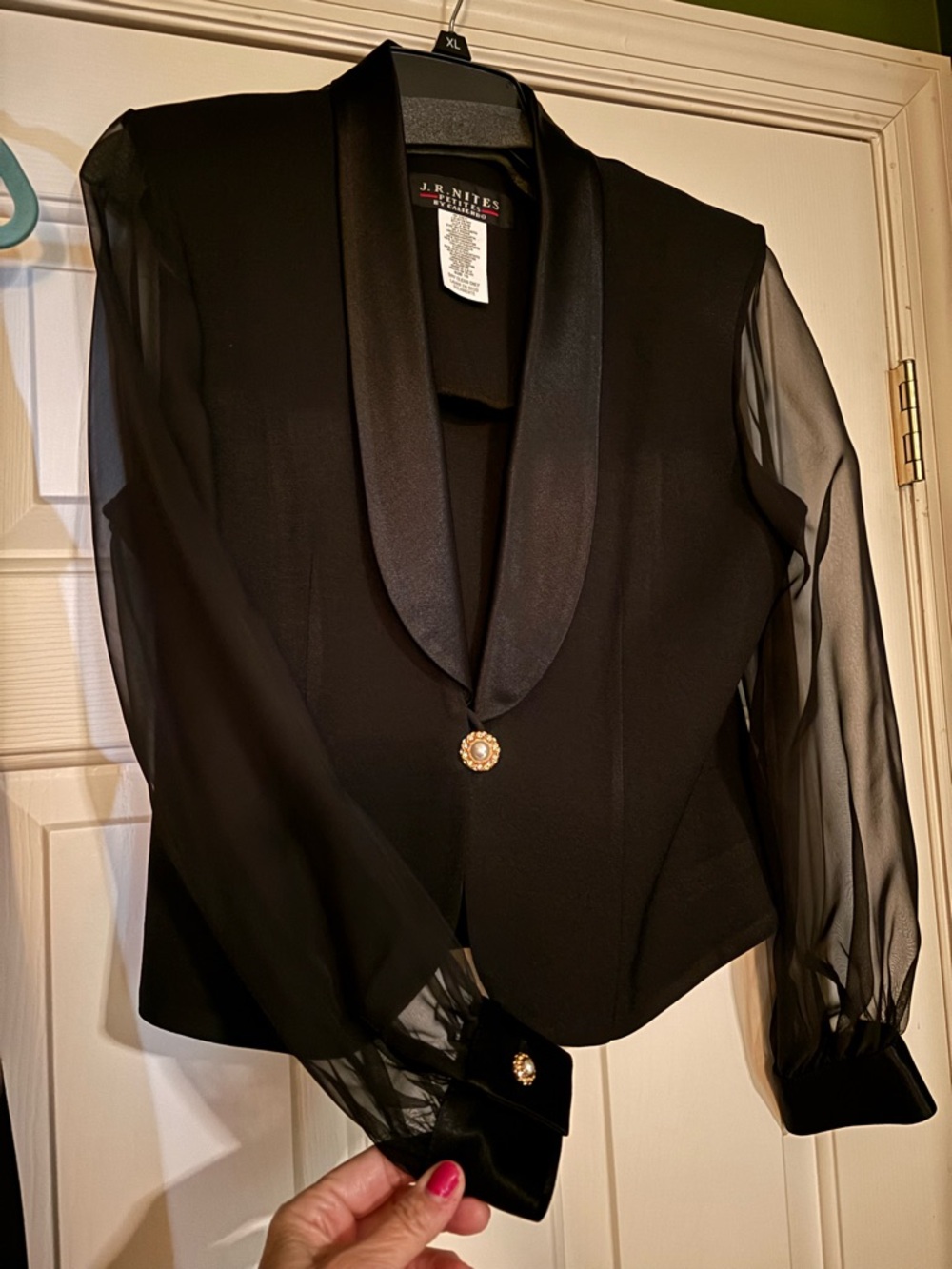 J.R.Nites Elegant Black Two-Piece Evening Dress with Side Slit and Sheer Sleeves - Picture 6 of 8
